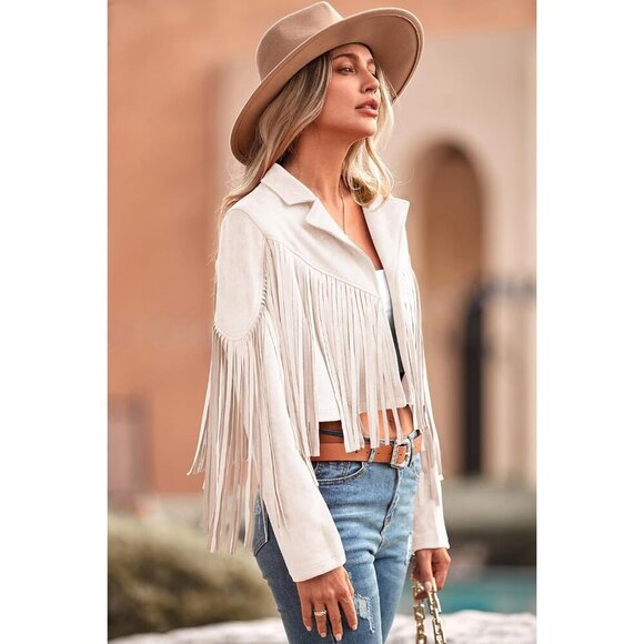 Women's Beige WhiteFringe Faux Suede Leather Jacket Tassel Cropped Fal 2025 Coat - Picture 3 of 9
